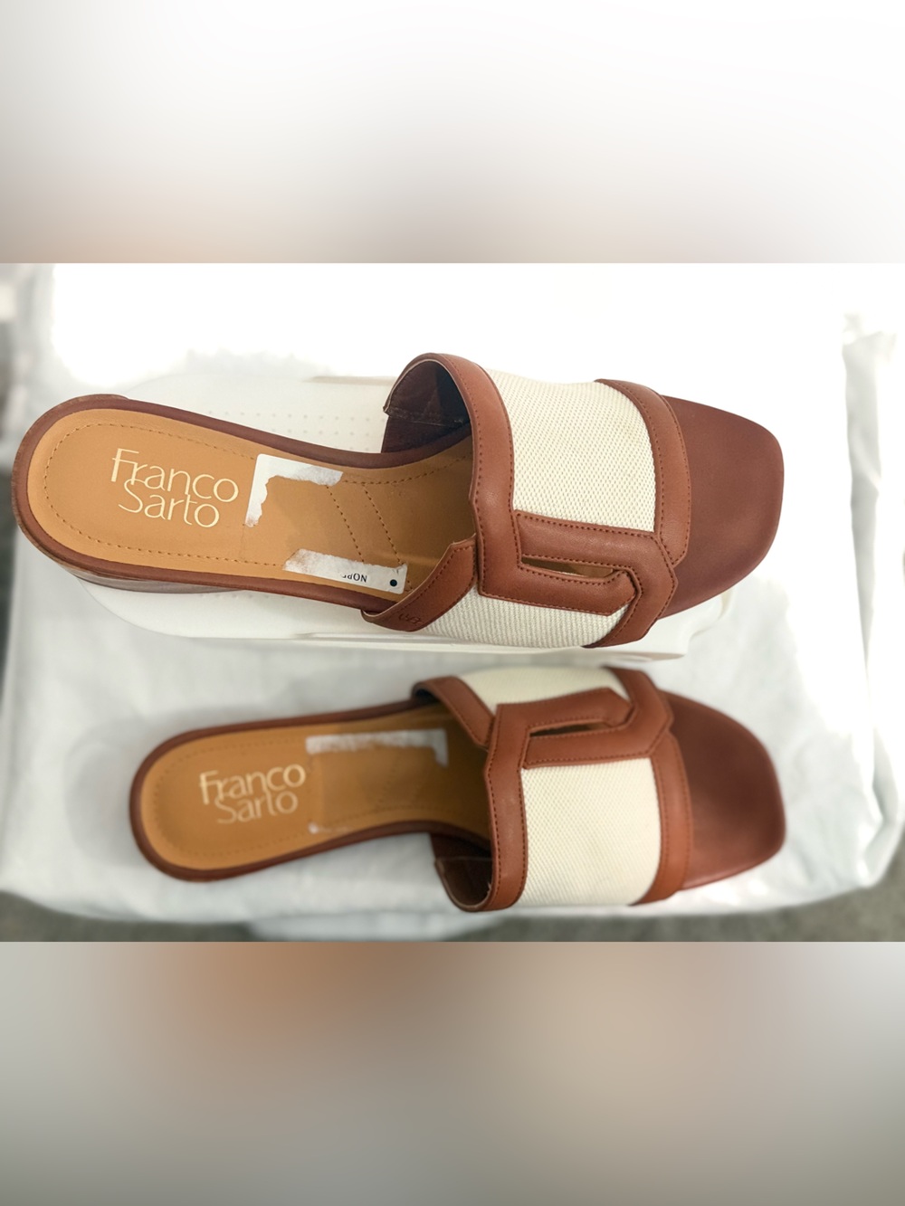 Franco Sarto Cream and Brown Slip-On Mules